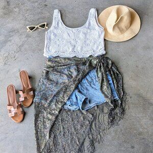 Vintage Black Gold Metallic Lace Fringe Triangle Sarong Wrap